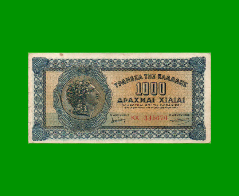 BILLETE DE GRECIA 1.000 DRACMAS, PICK 117b, AÑO 1941, ESTADO MUY BUENO- .-