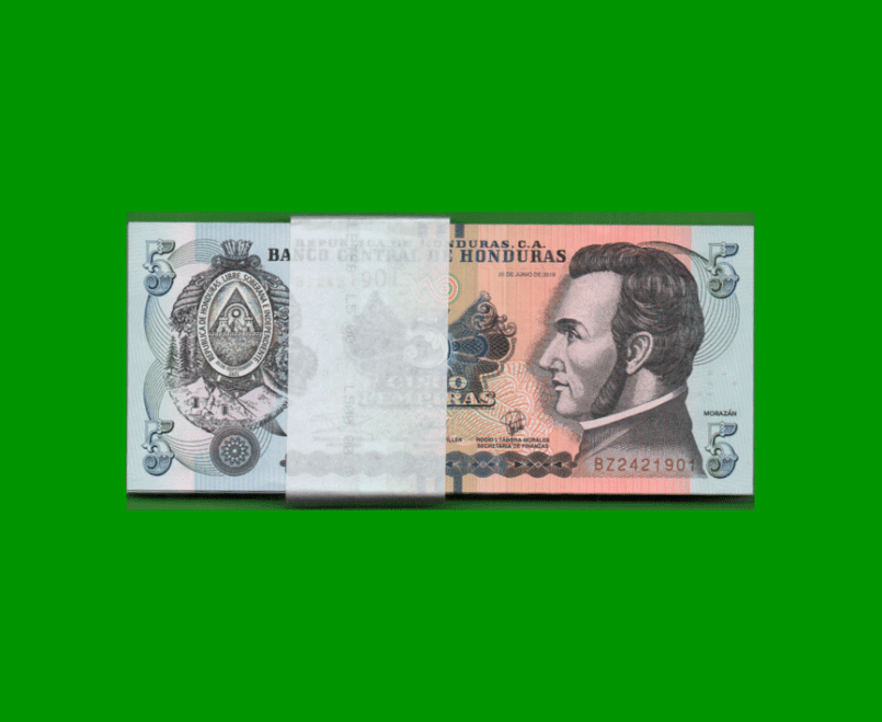 FAJO DE BILLETES DE HONDURAS 5 LEMPIRAS, PICK NEW, AÑO 2019, ESTADO SIN CIRCULAR.-