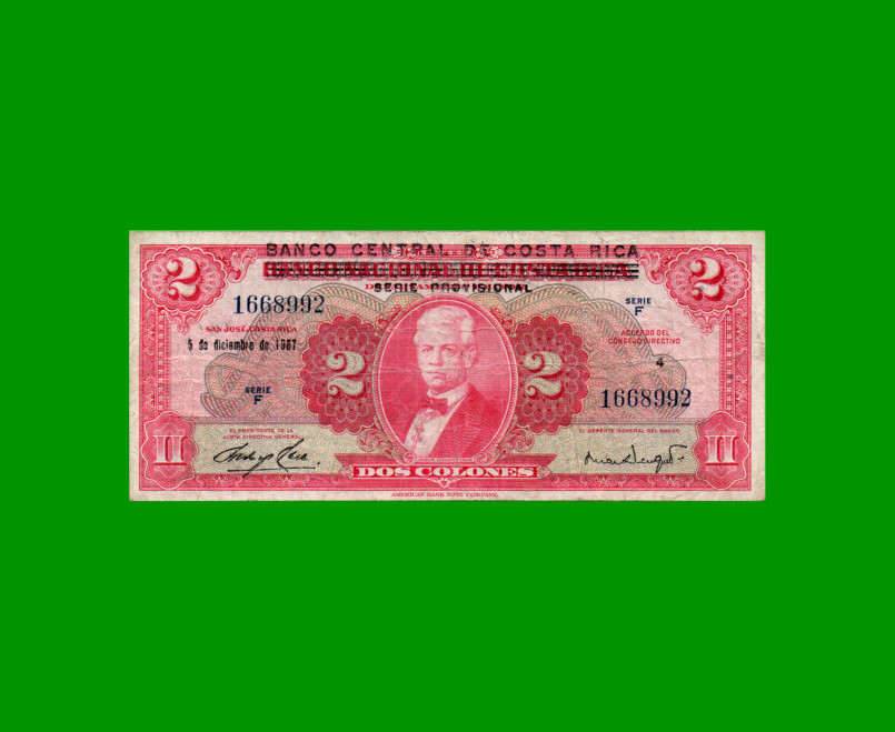 BILLETE DE COSTA RICA 2 COLONES, PICK 235, AÑO 1967, ESTADO MUY BUENO- .-