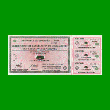 BONO REPOSICION DE CORDOBA $ 5,00, EC 262R, ESTADO EXCELENTE+ .-