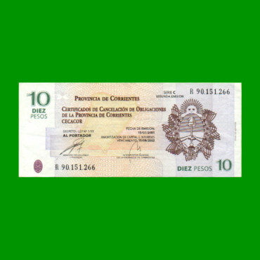 BONO REPOSICION DE CORRIENTES $ 10,00, EC 319R, ESTADO MUY BUENO+ .-