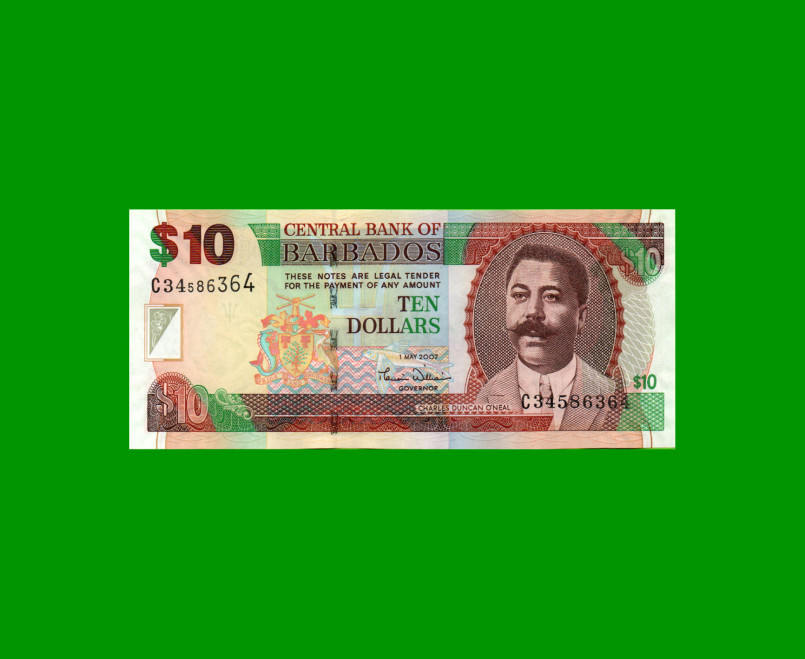 BILLETE DE BARBADOS 10 DOLARES, PICK 68, AÑO 2007, ESTADO SIN CIRCULAR.-