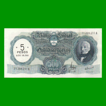 MONEDA NACIONAL $500,00 RESELLADO A $5,00 PESOS LEY 18.188, BOT 2207, AÑO 1969, ESTADO MUY BUENO+ .-