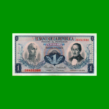 BILLETE DE COLOMBIA $ 1,00, PICK 404d, AÑO 1968, ESTADO EXCELENTE- .-