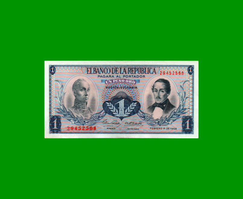 BILLETE DE COLOMBIA $ 1,00, PICK 404d, AÑO 1968, ESTADO EXCELENTE- .-