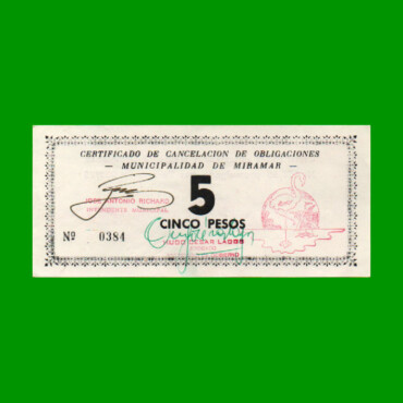 BONO MUNICIPALIDAD DE MIRAMAR DE ANSENUZA $ 5,00, AÑO EMISION 10/08/1995, ESTADO EXCELENTE.-