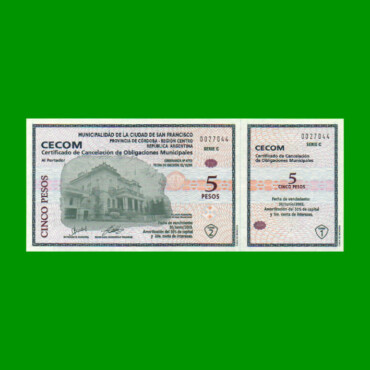 BONO MUNICIPALIDAD DE SAN FRANCISCO $ 5,00, AÑO 2000, SERIE C, ESTADO SIN CIRCULAR.-