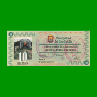 BONO MUNICIPALIDAD DE CRUZ DEL EJE $ 10,00, SELLADO, AÑO 1996, SERIE A, ESTADO EXCELENTE+ .-
