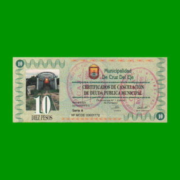 BONO MUNICIPALIDAD DE CRUZ DEL EJE $ 10,00, SELLADO, AÑO 1996, SERIE A, ESTADO EXCELENTE+ .-