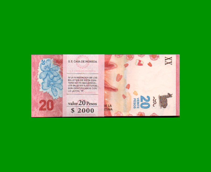 FAJO DE BILLETES PESOS 3er DISEÑO $20,00, BOT 5001, PICK NEW, AÑO 2017, ESTADO SIN CIRCULAR.-