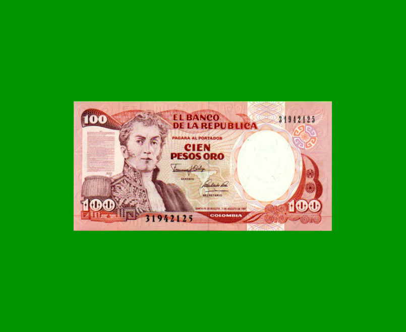 BILLETE DE COLOMBIA $ 100,00, PICK 426A, AÑO 1991, ESTADO SIN CIRCULAR.-