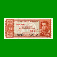 BILLETE DE BOLIVIA 50 PESOS BOLIVIANOS, PICK 162a, AÑO 1962, ESTADO EXCELENTE+ .-