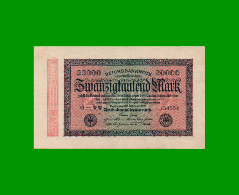 BILLETE DE ALEMANIA 20.000 MARCOS, PICK 85b, AÑO 1923, ESTADO EXCELENTE.-