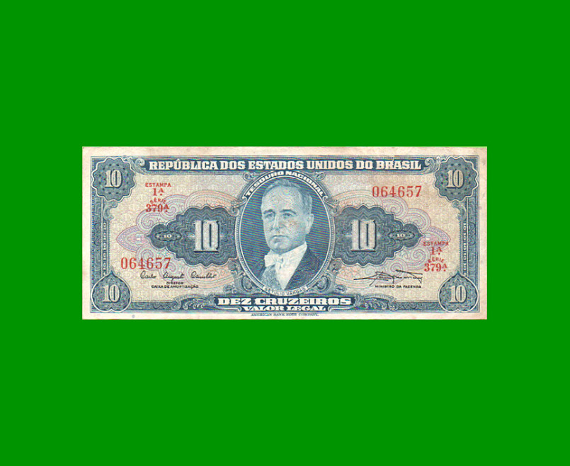 BILLETE DE BRASIL 10 CRUZEIROS, PICK 167a, AÑO 1961, ESTADO MUY BUENO.-