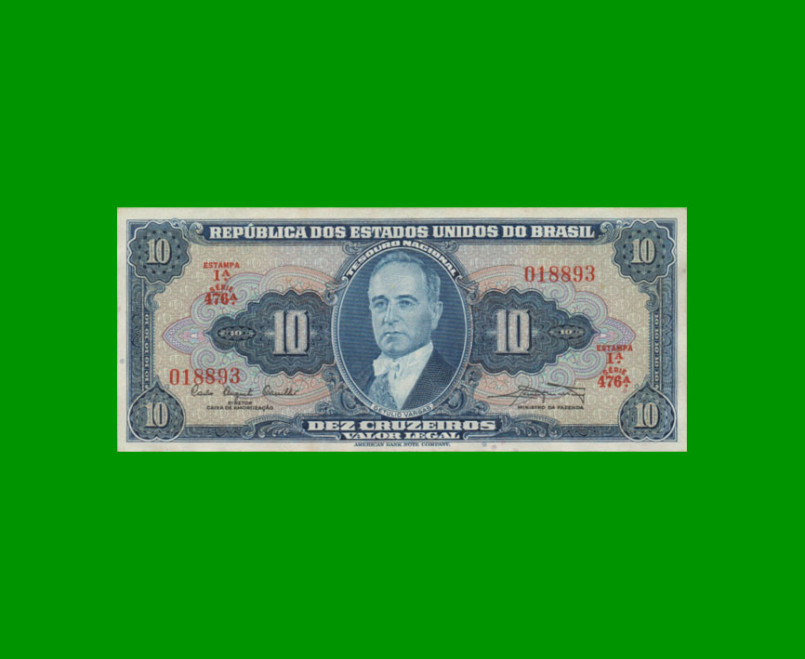 BILLETE DE BRASIL 10 CRUZEIROS, PICK 167a, AÑO 1961, ESTADO EXCELENTE+ .-