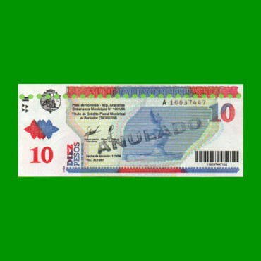 BONO MUNICIPALIDAD DE BELL VILLE $10,00, AÑO 2006/2007, ESTADO EXCELENTE+ .-