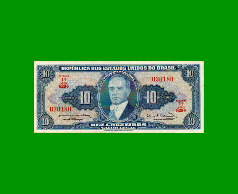 BILLETE DE BRASIL 10 CRUZEIROS, PICK 167b, AÑO 1963, ESTADO EXCELENTE.-