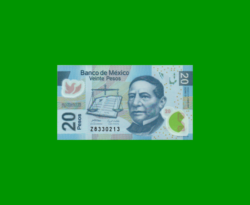 BILLETE DE MEXICO $20,00, POLYMERO, PICK 122d, AÑO 2007, ESTADO SIN CIRCULAR.-