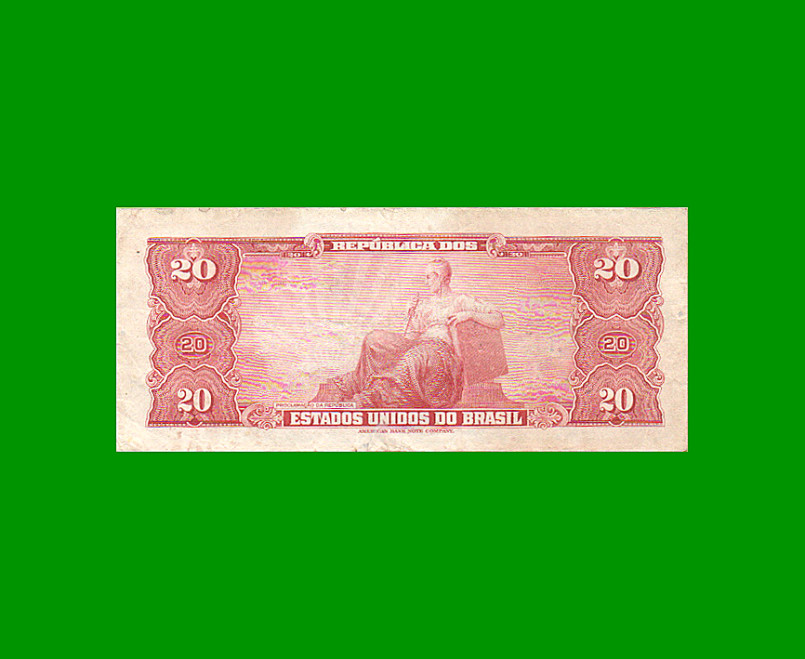 BILLETE DE BRASIL 20 CRUZEIROS, PICK 168a, AÑO 1961, ESTADO MUY BUENO.- - Imagen 2