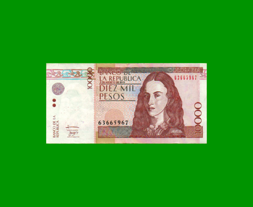 BILLETE DE COLOMBIA $ 10.000,00, PICK 453n, AÑO 2010, ESTADO EXCELENTE.-