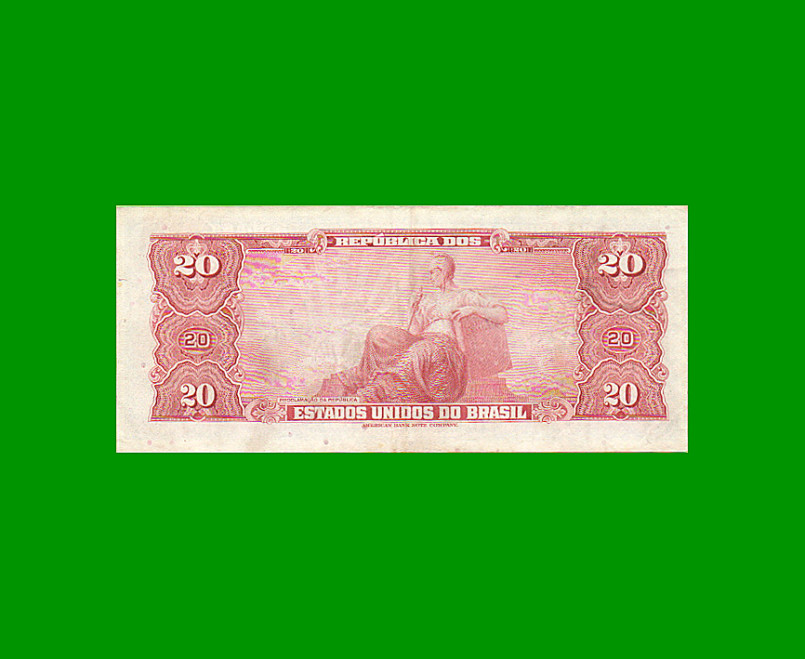 BILLETE DE BRASIL 20 CRUZEIROS, PICK 168a, AÑO 1961, ESTADO EXCELENTE- .- - Imagen 2