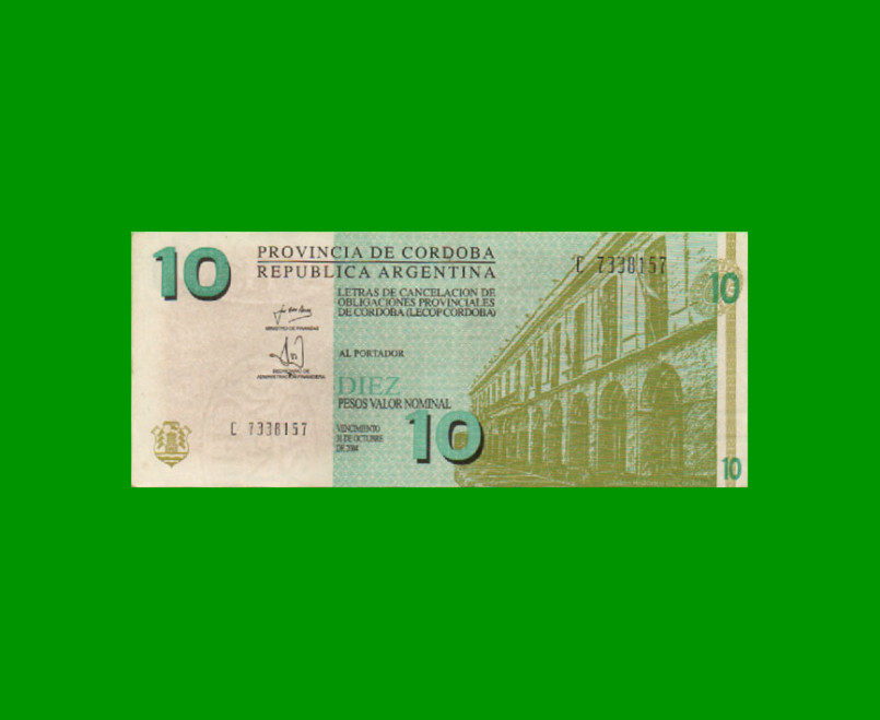 BONO DE CORDOBA $ 10,00, EC 294, AÑO 2001, SERIE C, ESTADO EXCELENTE.-