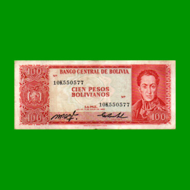 BILLETE DE BOLIVIA 100 PESOS BOLIVIANOS, PICK 164b, AÑO 1962 (1983), ESTADO MUY BUENO- .-
