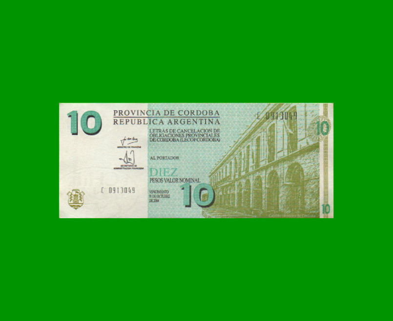 BONO DE CORDOBA $ 10,00, EC 294, AÑO 2001, SERIE C, ESTADO EXCELENTE+ .-