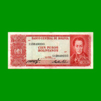 BILLETE DE BOLIVIA 100 PESOS BOLIVIANOS, PICK 164c, AÑO 1962 (1983), ESTADO MUY BUENO.-