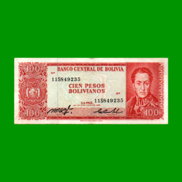 BILLETE DE BOLIVIA 100 PESOS BOLIVIANOS, PICK 164c, AÑO 1962 (1983), ESTADO MUY BUENO.-
