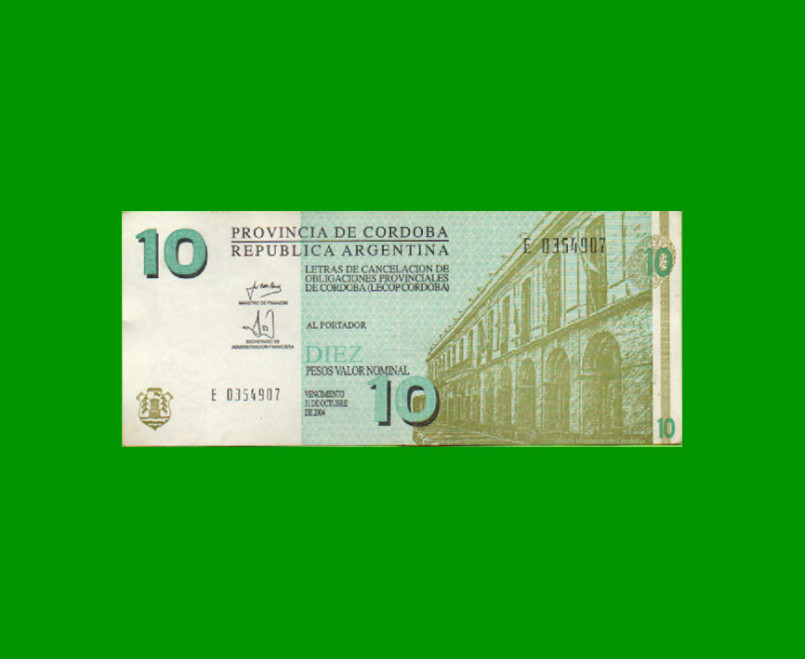 BONO DE CORDOBA $ 10,00, EC 295, AÑO 2002, SERIE E, ESTADO MUY BUENO+ .-