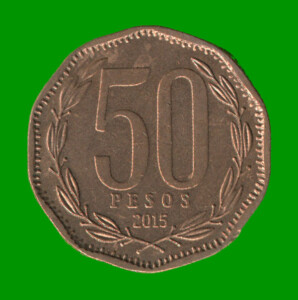 MONEDA DE CHILE 50 PESOS , AÑO 2015 , ESTADO USADA.-