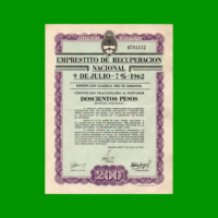 BONO MONEDA NACIONAL $200,00, EMPRESTITO DE RECUPERACION NACIONAL 9 DE JULIO, AÑO 1962, ESTADO MUY BUENO+ .-