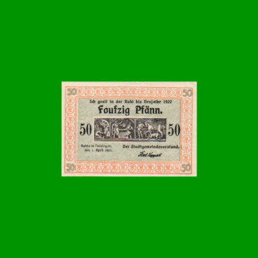 BILLETE DE ALEMANIA NOTGELD CIUDAD DE RUHLA 50 CENTAVOS, M. M. 1153.2, ESTADO EXCELENTE.-