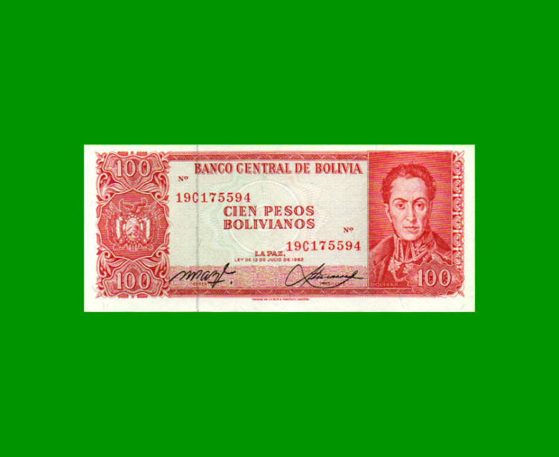 BILLETE DE BOLIVIA 100 PESOS BOLIVIANOS, PICK 164A, AÑO 1962, ESTADO SIN CIRCULAR.-