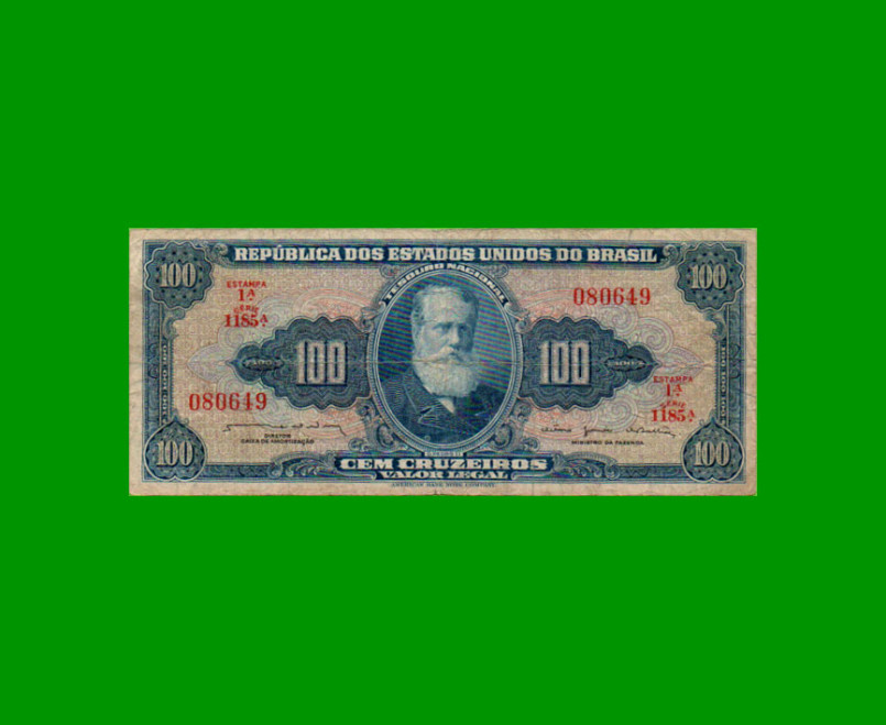 BILLETE DE BRASIL 100 CRUZEIROS, PICK 170b, AÑO 1964, ESTADO BUENO+ .-