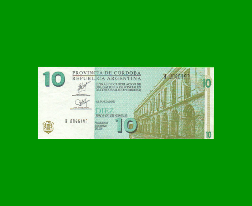 BONO DE CORDOBA $ 10,00, EC 298, AÑO 2002, SERIE H, ESTADO EXCELENTE+.-