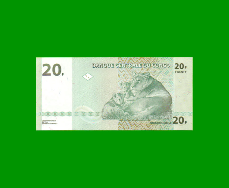 BILLETE DE CONGO 20 FRANCOS, PICK 94, AÑO 2003, ESTADO SIN CIRCULAR.- - Imagen 2