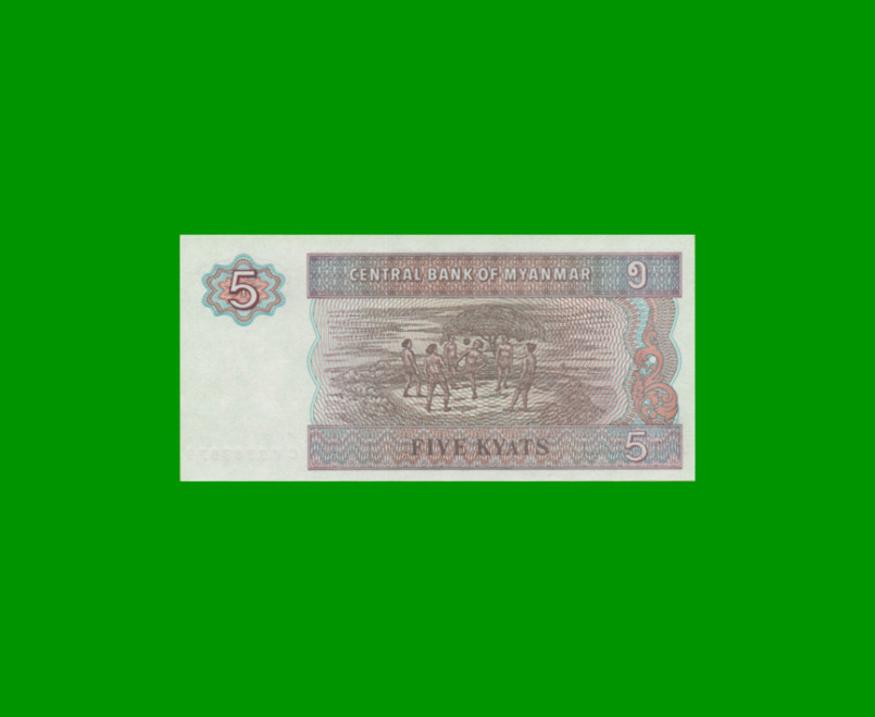 BILLETE DE MYANMAR 5 KYATS, PICK 70, ESTADO SIN CIRCULAR.- - Imagen 2