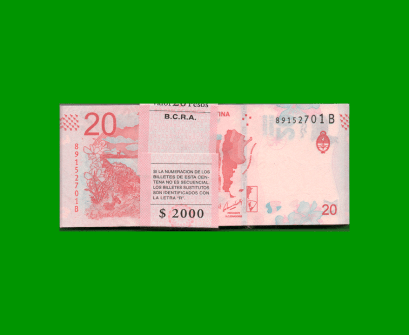 FAJO DE BILLETES PESOS 3er DISEÑO $20,00, BOT 5004, PICK NEW, AÑO 2019, ESTADO SIN CIRCULAR.- - Imagen 2