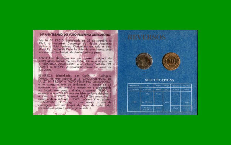 BLISTER SET (2) MONEDAS ARGENTINAS, CONMEMORATIVA 50 ANIVERSARIO LEY N° 13.010, AÑO 1997, ESTADO NUEVO.- - Imagen 3