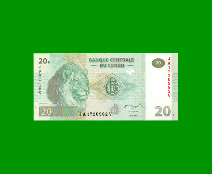 BILLETE DE CONGO 20 FRANCOS, PICK 94, AÑO 2003, ESTADO SIN CIRCULAR.-