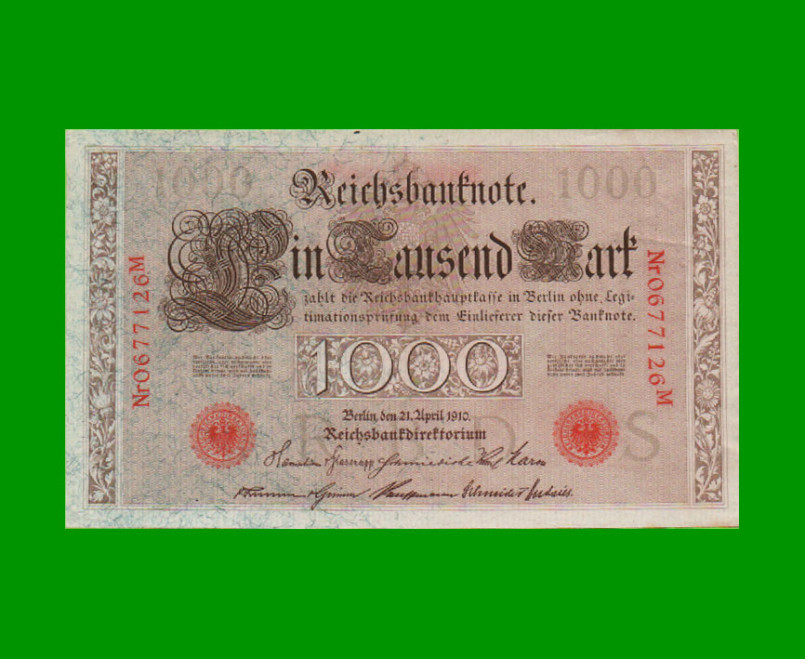 BILLETE DE ALEMANIA 1.000 MARCOS, PICK 44b, AÑO 1910, ESTADO EXCELENTE.-