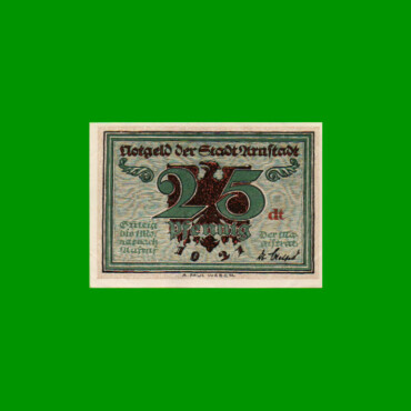BILLETE DE ALEMANIA NOTGELD CIUDAD DE ARNFTADT 25 CENTAVOS, M. M. 43.1, ESTADO EXCELENTE.-