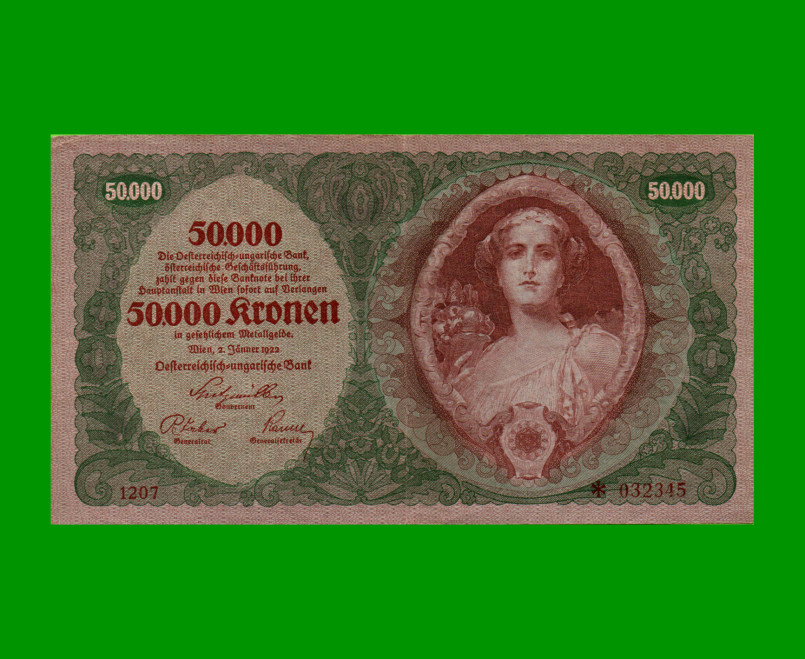 BILLETE DE AUSTRIA 50.000 CORONAS, PICK 80, AÑO 1922, ESTADO MUY BUENO+ .-