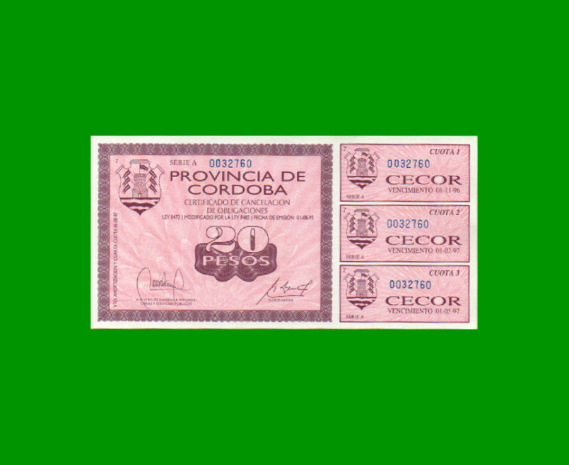 BONO DE CORDOBA $ 20,00, EC 261, AÑO 1995, SERIE A, ESTADO SIN CIRCULAR.-