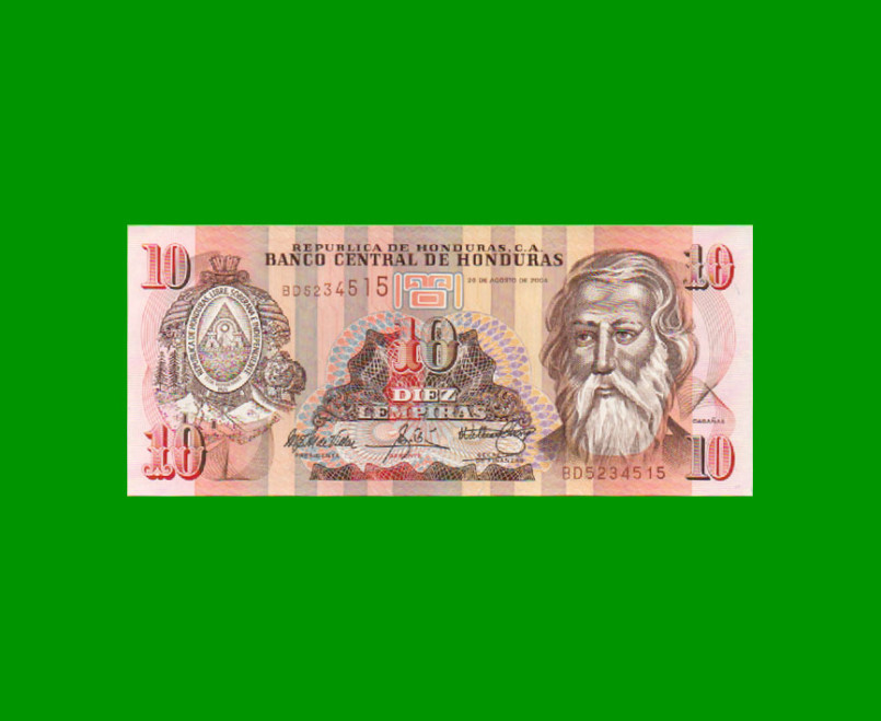 BILLETE DE HONDURAS 10 LEMPIRAS, PICK 86c, AÑO 2004, ESTADO SIN CIRCULAR.-