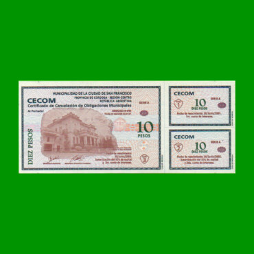 BONO MUNICIPALIDAD DE SAN FRANCISCO $ 10,00, AÑO 2001, BILLETE DE PRUEBA, SERIE A, ESTADO SIN CIRCULAR.-