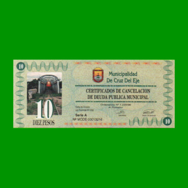 BONO MUNICIPALIDAD DE CRUZ DEL EJE $ 10,00, AÑO 1996, SERIE A, ESTADO EXCELENTE+ .-