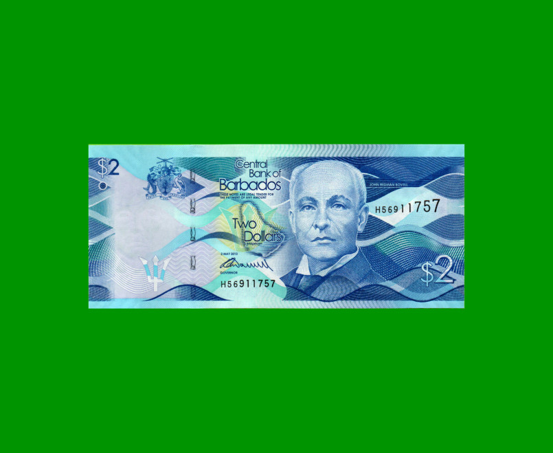 BILLETE DE BARBADOS 2 DOLARES, PICK 73, AÑO 2013, ESTADO SIN CIRCULAR.-